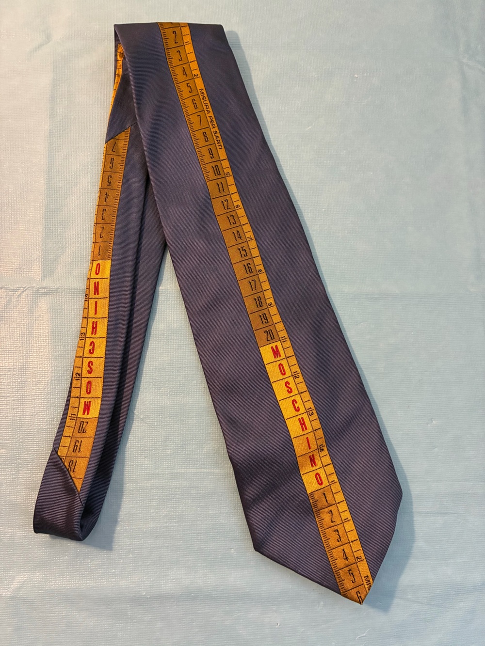 MOSCHINO Navy Silk Tie with Yellow Gold Tape Measure and Red Logo Made in Italy